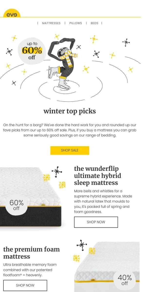 Email from Eve Sleep. sale top picks! up to 60% off ✨