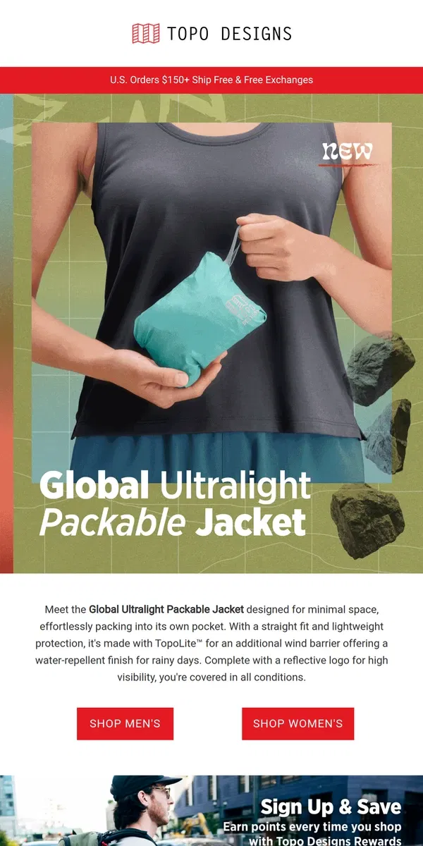 Email from Topo Designs. Introducing: The Global Ultralight Packable Jacket