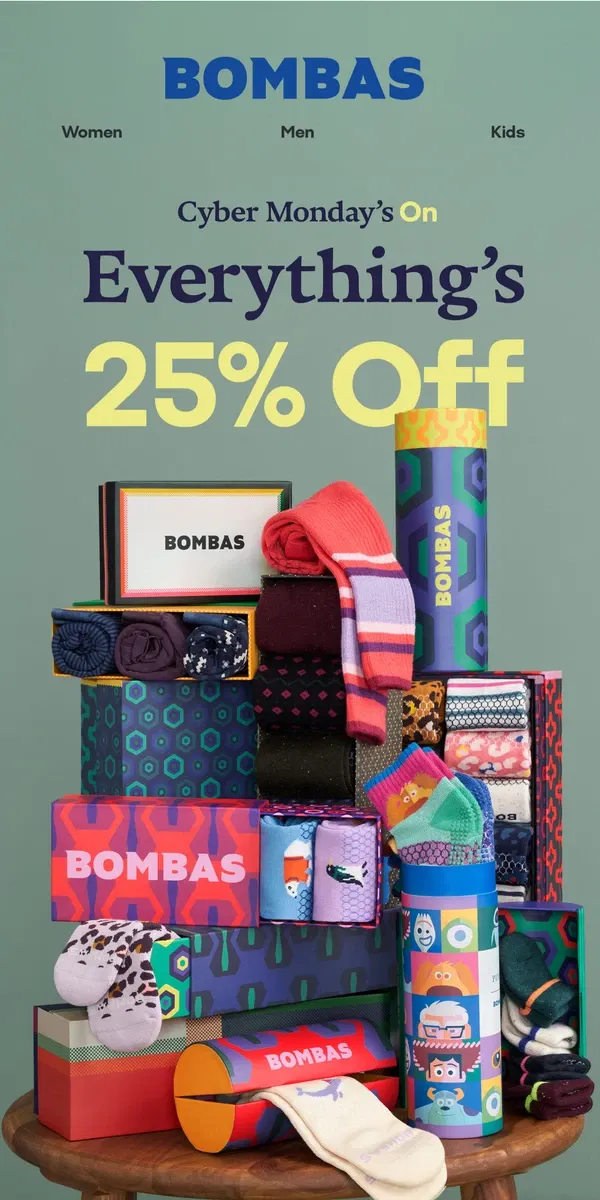 Email from Bombas. Cyber Monday: 25% Off 🎁 Everything 🎁