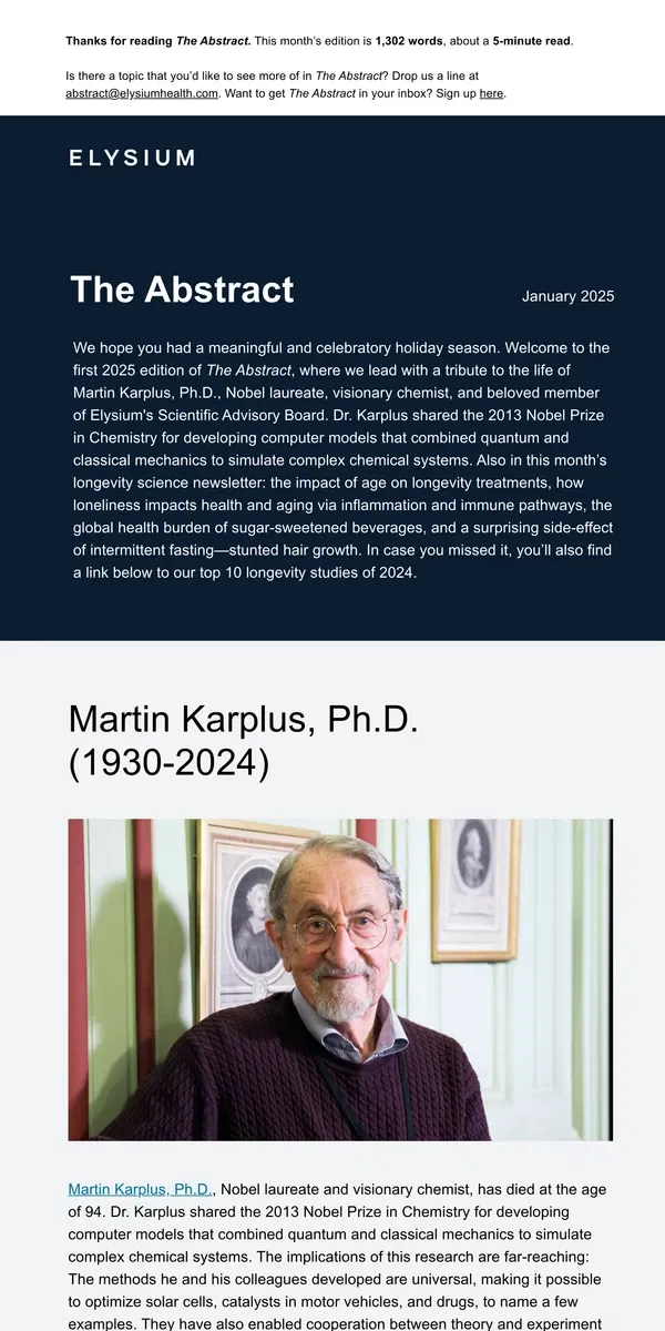 Email from Elysium Health. The Abstract: Remembering Martin Karplus, Ph.D.