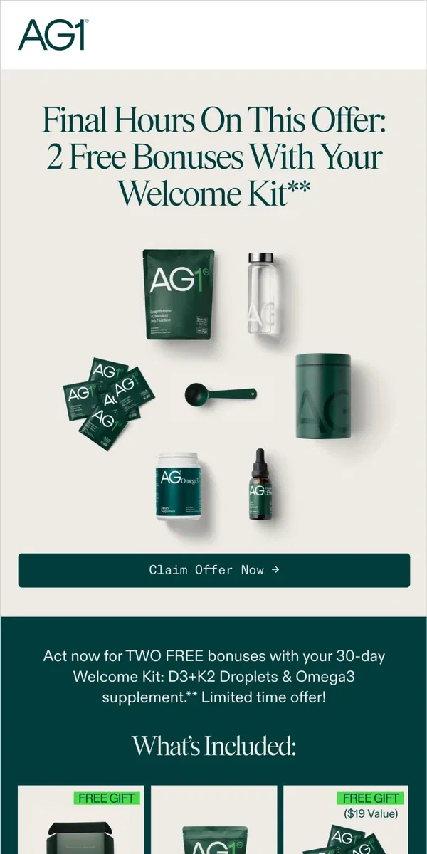 Email from AG1 by Athletic Greens. This Exclusive Welcome Kit Offer Ends Tonight!