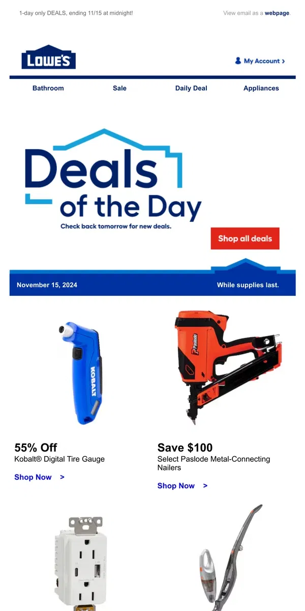 Email from Lowe's. LIMITED TIME deals, just for today.