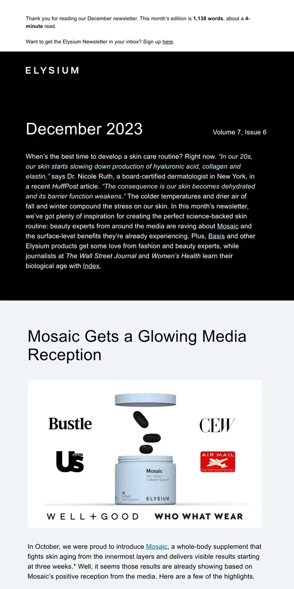 Email from Elysium Health. Dec Newsletter: Mosaic Gets a Glowing Reception