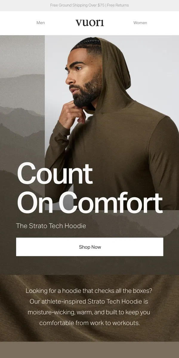 Email from Vuori. New Color: The Strato Tech Hoodie