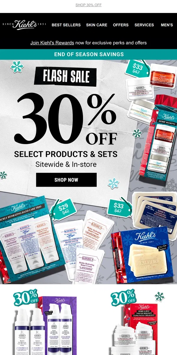 Email from Kiehl's. 30% OFF Select Sets = Start the Year Off With Your Best Skin🙌