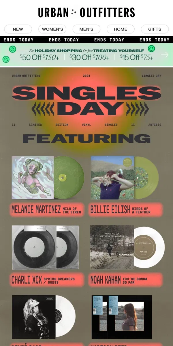 Email from Urban Outfitters. SINGLES DAY 💽 🎶 11 artists, 11 singles →