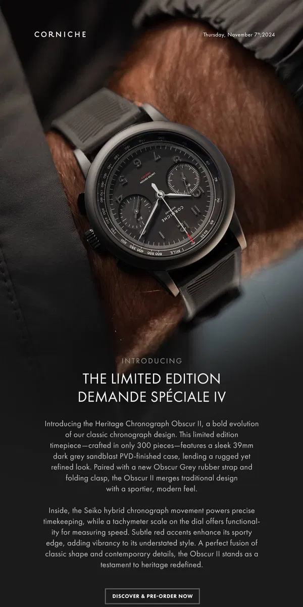 Email from Corniche Watches. Introducing The Limited Edition Obscur II