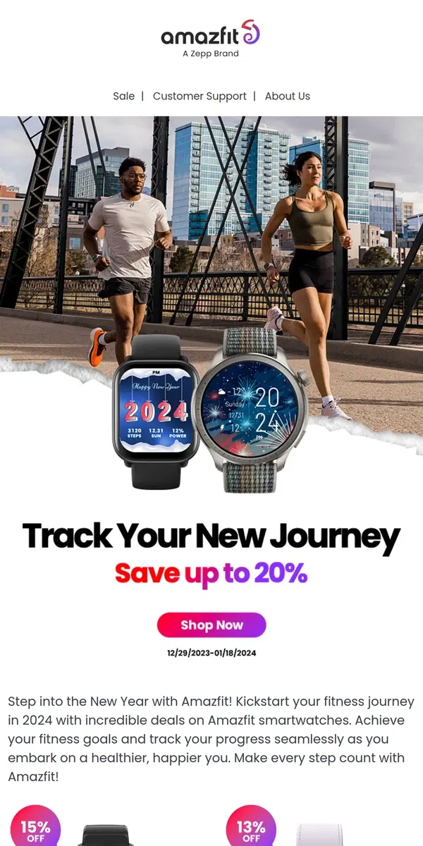 Email from Amazfit. Save up to 20% | Track Your New Journey with Amazfit 