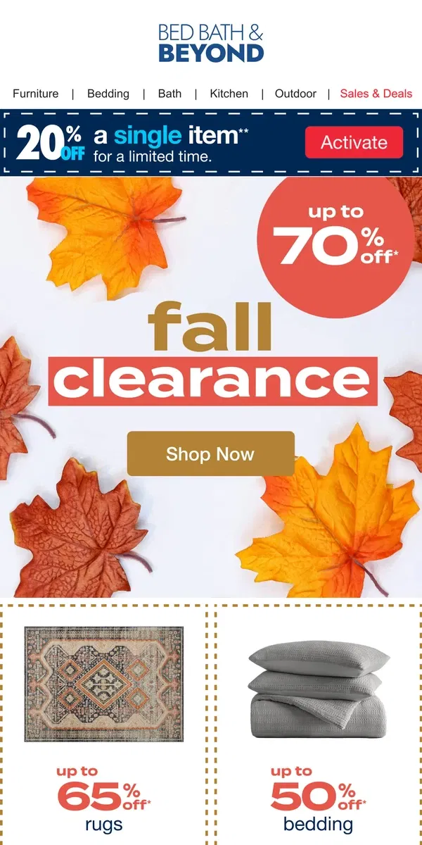 Email from Bed Bath & Beyond. Up to 70% Off at the Fall Clearance Event 🍂