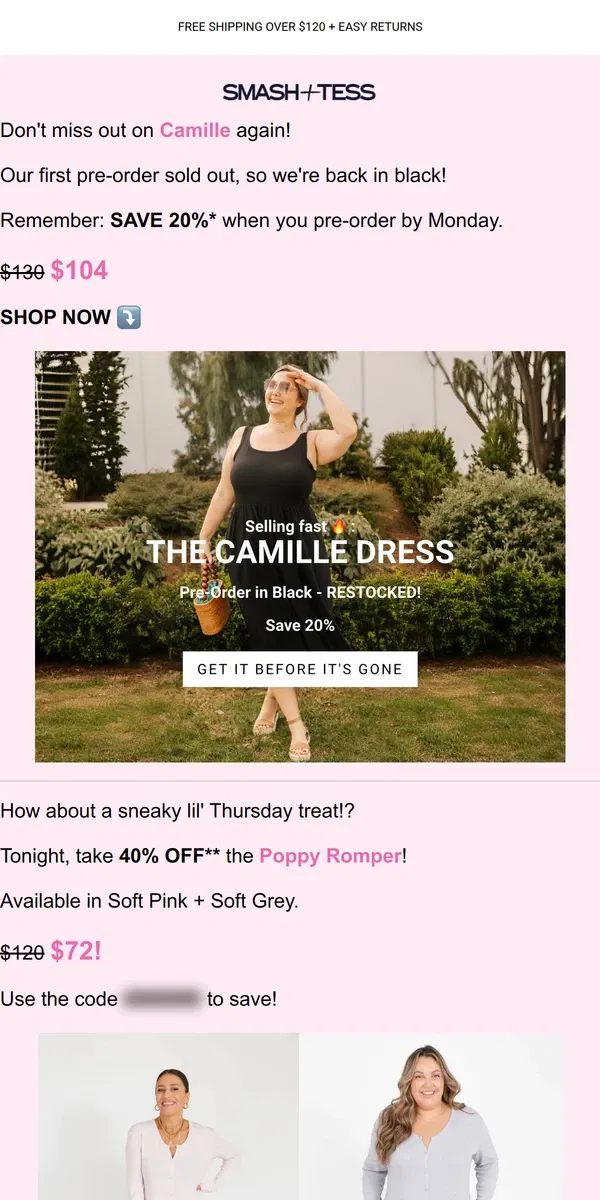 Email from Smash + Tess. The Camille Dress is Back on Pre-Order!