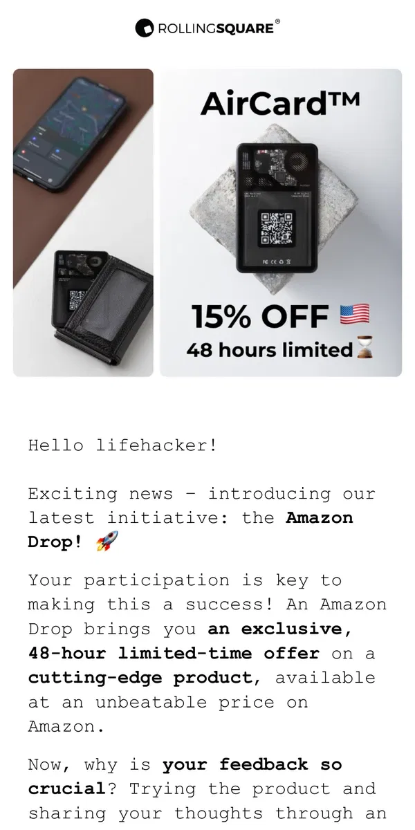 Email from Rolling Square. 48 Hours Limited AirCard Amazon Drop! ⏰⚡