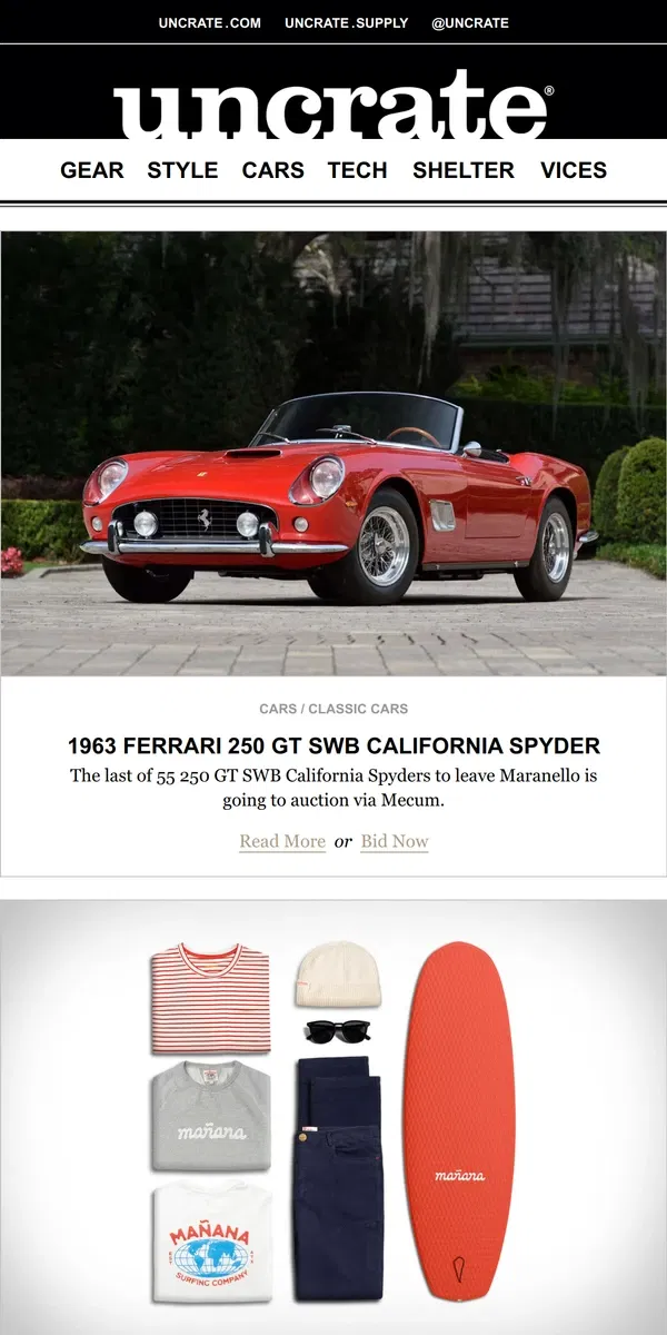 Email from Uncrate. 1963 Ferrari 250 GT SWB California Spyder & more