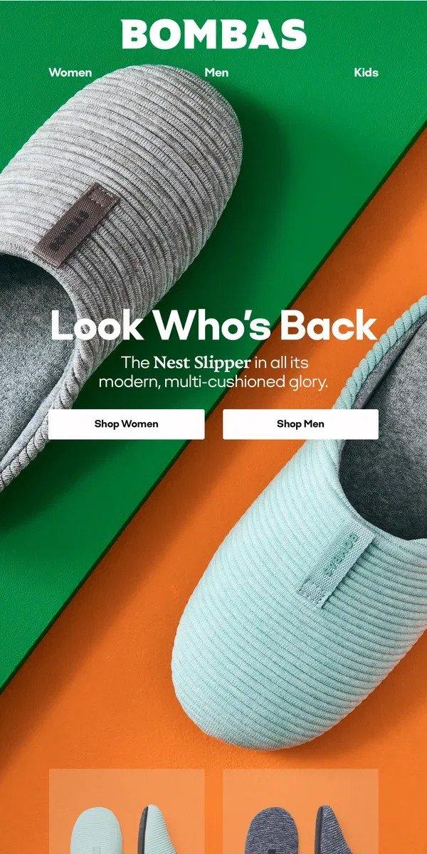 Email from Bombas. Nest Slippers Are Finally Back in Stock