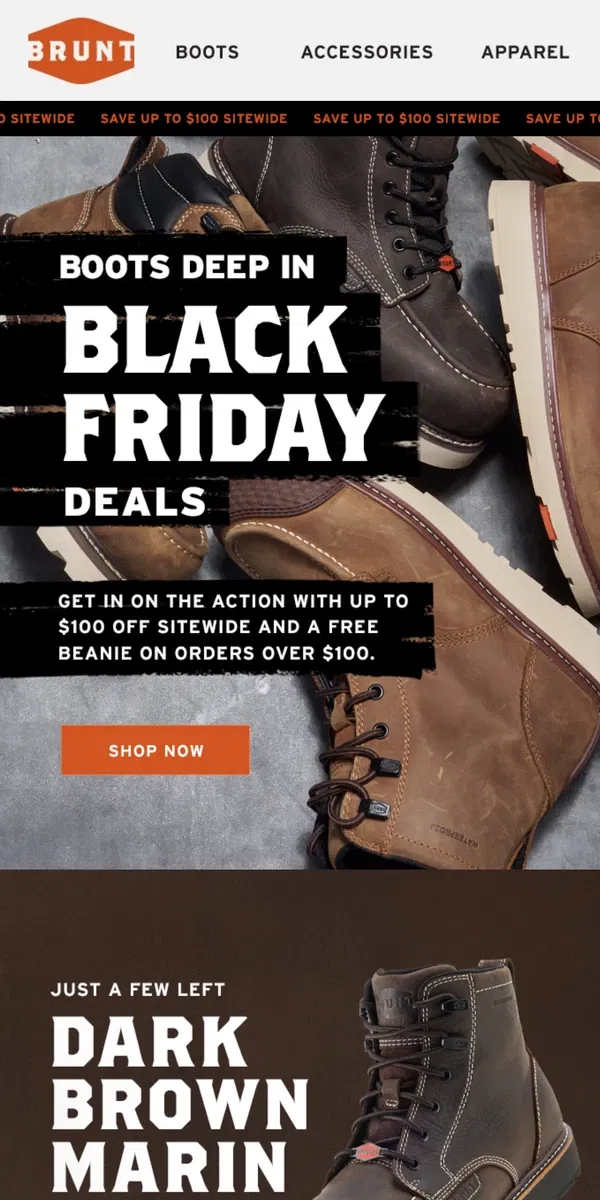 Email from BRUNT Workwear. Boots Deep in Black Friday