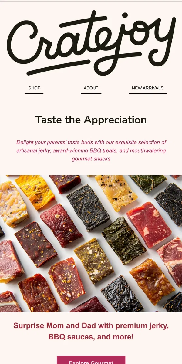 Email from Cratejoy. Gourmet Delights for Parent's Day