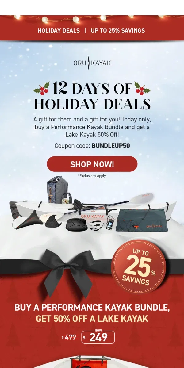 Email from Oru Kayak. 1 Day Only 🚨 50% Off a Lake Kayak with Performance Bundle Purchase