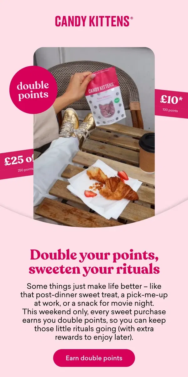 Email from Candy Kittens. Double your points this weekend 🎉