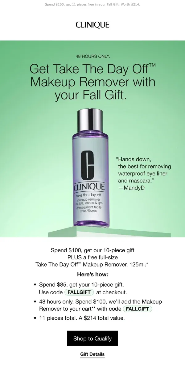 Email from Clinique. 48 HOURS ONLY 💜 Get a full-size makeup remover with your Fall Gift.