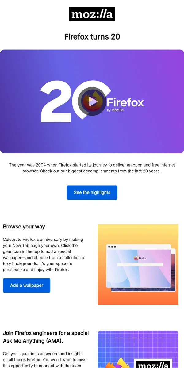 Email from Mozilla. Happy 20th anniversary, Firefox!