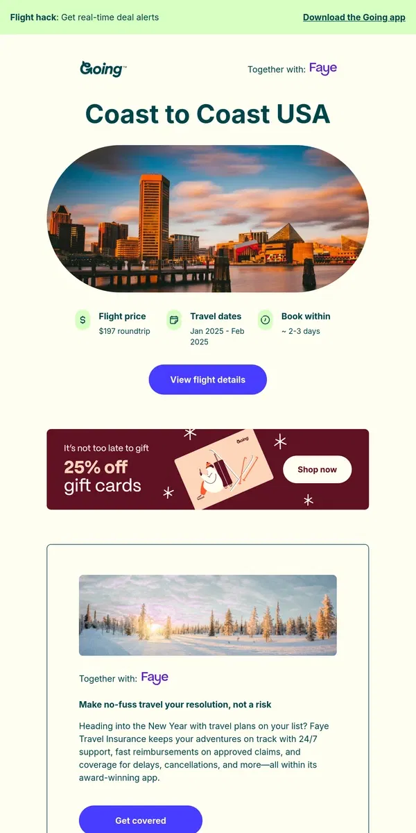 Email from Going. ✈️ *nonstop* Coast to Coast USA —  $197 (Jan-Feb)