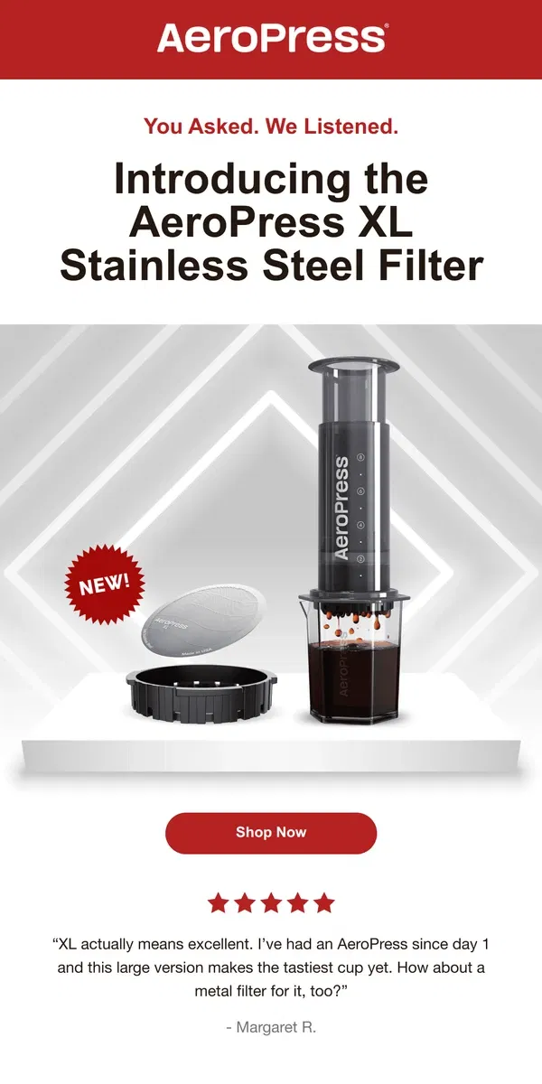 Email from AeroPress. NEW AeroPress XL Stainless Steel Filter