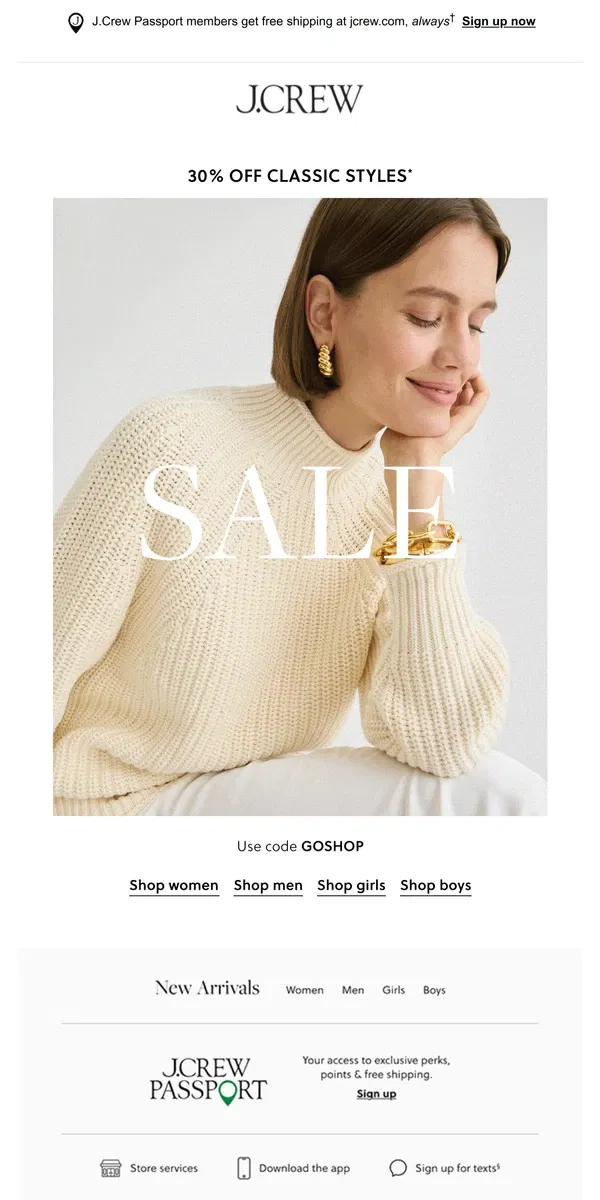 Email from J.Crew. 30% off classic styles starts now