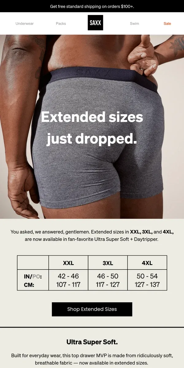 Email from SAXX Underwear. New extended sizes, tailored for triumph 🙌