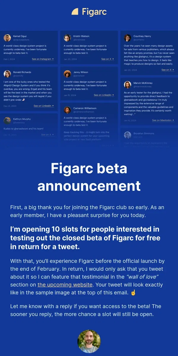 Email from Figarc. Figarc beta announcement