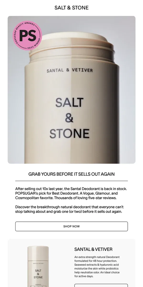 Email from SALT & STONE. The Santal Deodorant Is Back In Stock