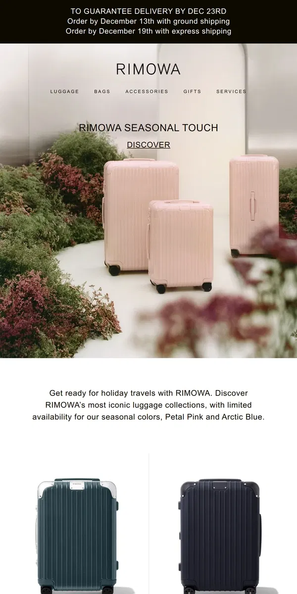 Email from Rimowa. Travel in style for the festive season