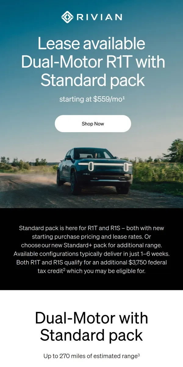 Email from Rivian. New Standard pack, new pricing