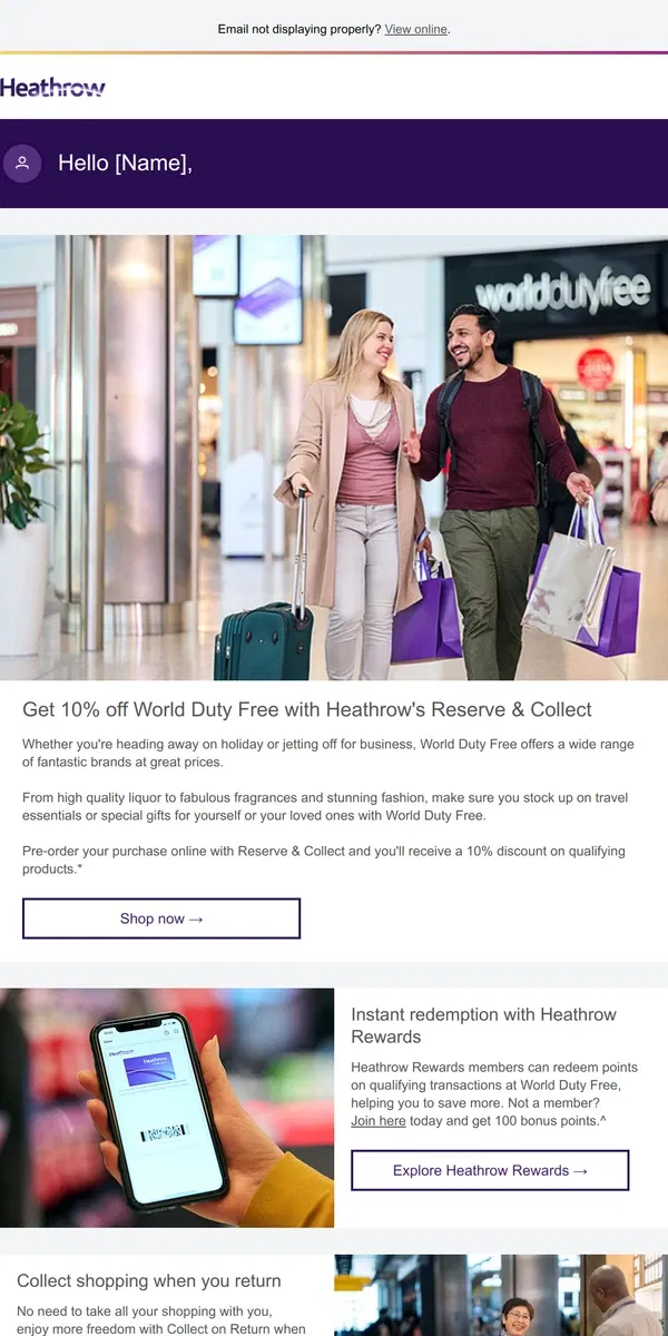 Email from Heathrow Airport. [Name], save 10% at World Duty Free