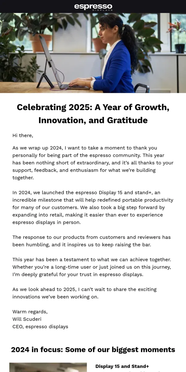 Email from espresso Displays. Celebrating 2024: Top Reviews, New Launches & More