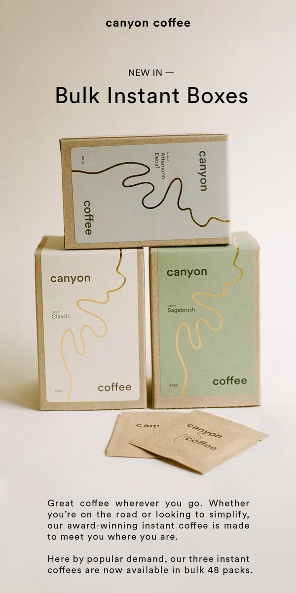 Email from Canyon Coffee. New In: Instant 48 Packs