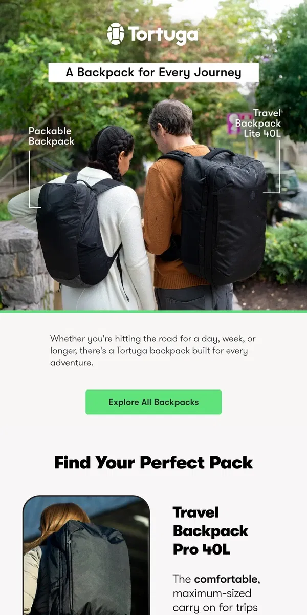 Email from Tortuga Backpacks. A Backpack for Every Adventure