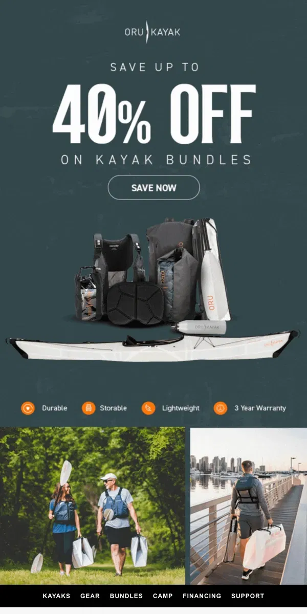 Email from Oru Kayak. Labor Day Sale Preview 🔎 Up to 40% OFF Bundles