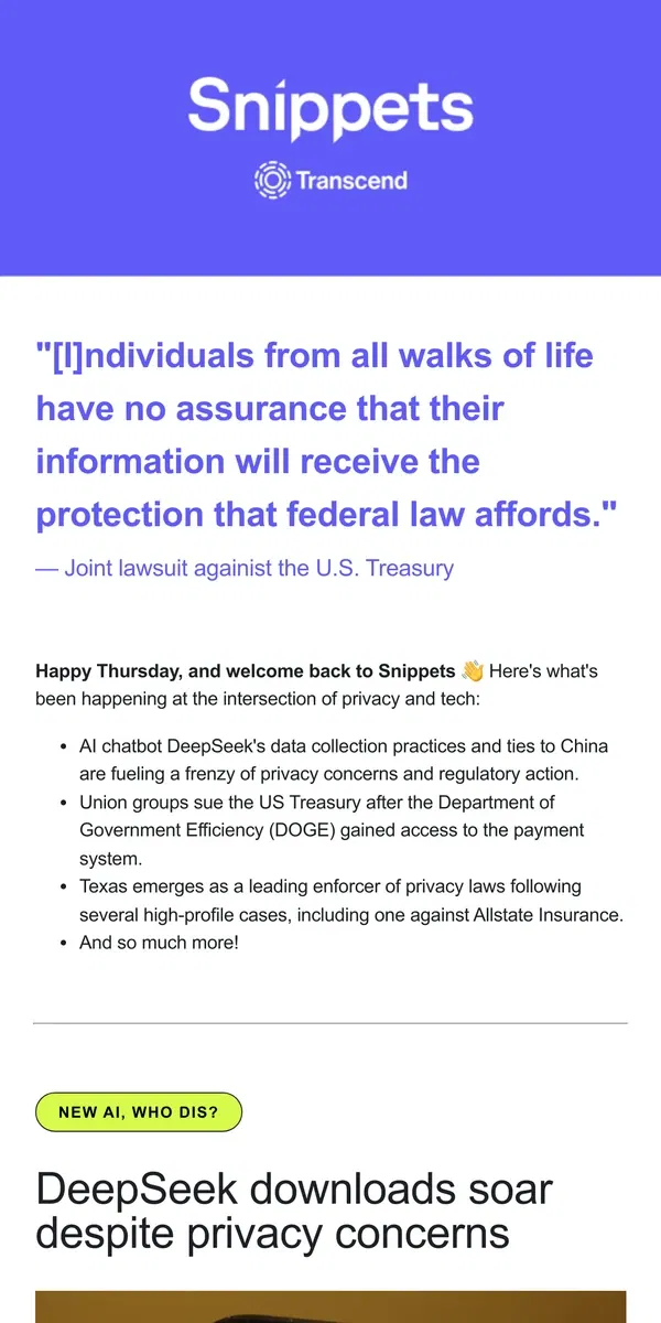 Email from Transcend. Snippets: DeepSeek causes a scene 🐋