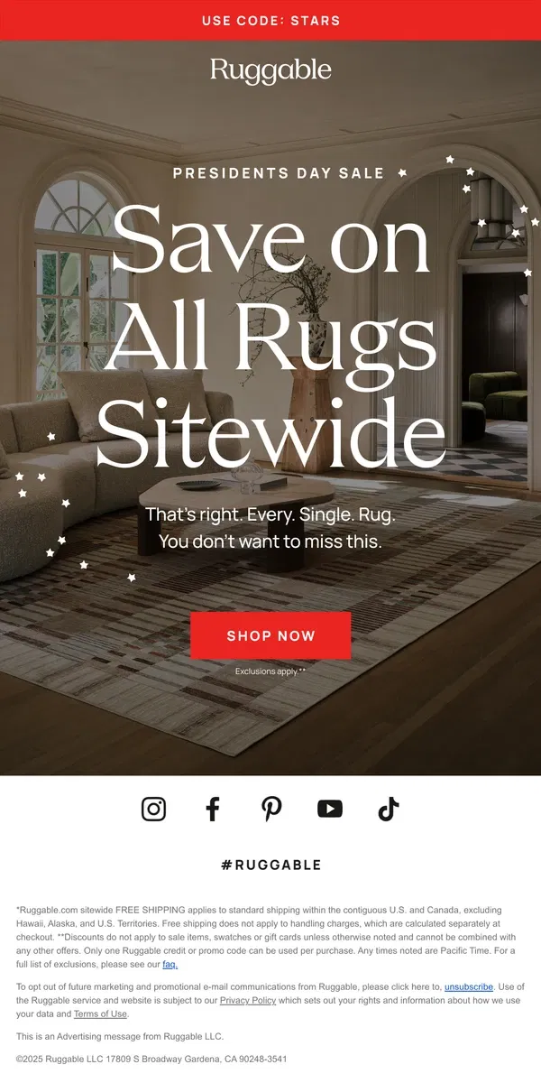 Email from Ruggable. Savings on rugs on rugs on rugs