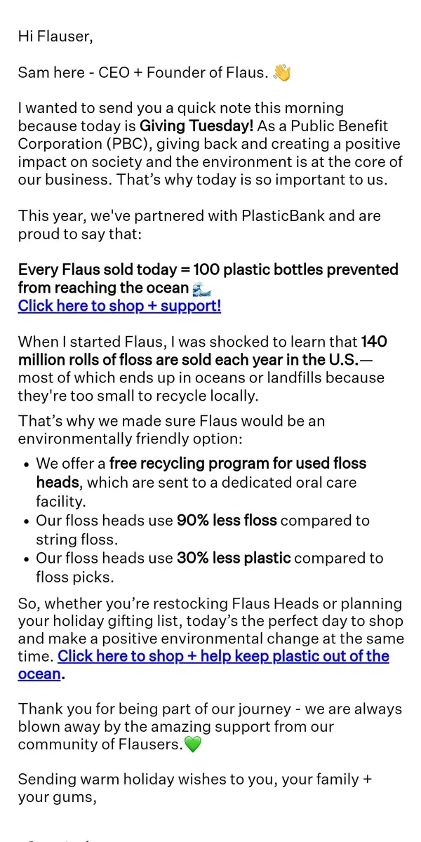 Email from Flaus. This Giving Tuesday, Every Purchase = Cleaner Oceans 🌊