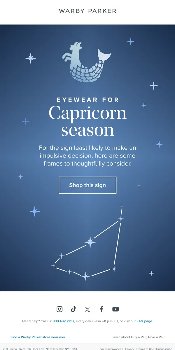 Email from Warby Parker. The best frames for Capricorns