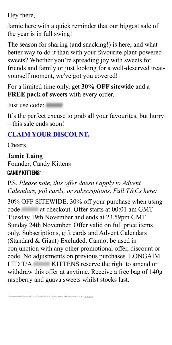 Email from Candy Kittens. Don’t miss out on our biggest sale of the year!