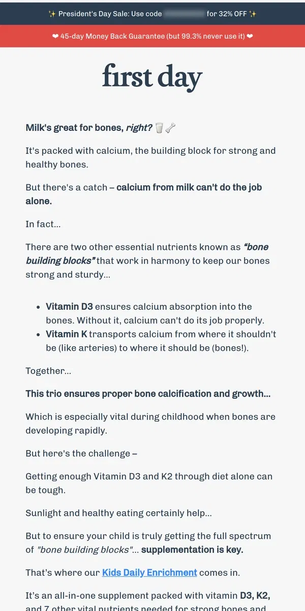 Email from First Day. Why milk alone won’t cut it for your child’s bones 🥛❌