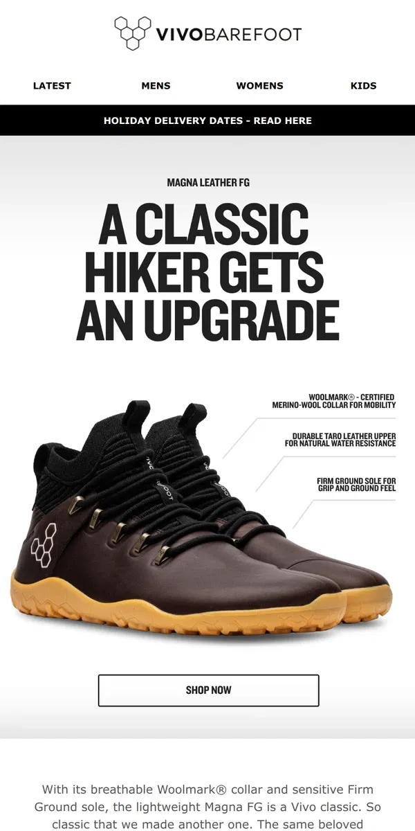 Email from Vivobarefoot. Meet the new Magna Leather hiking boot