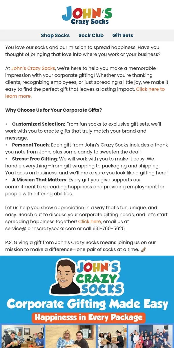 Email from John's Crazy Socks. Spread Happiness at Work! 🎉