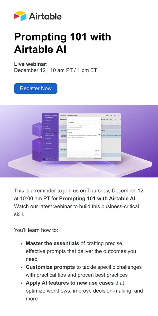 Email from Airtable. [Last chance] Register now for Prompting 101 with Airtable AI