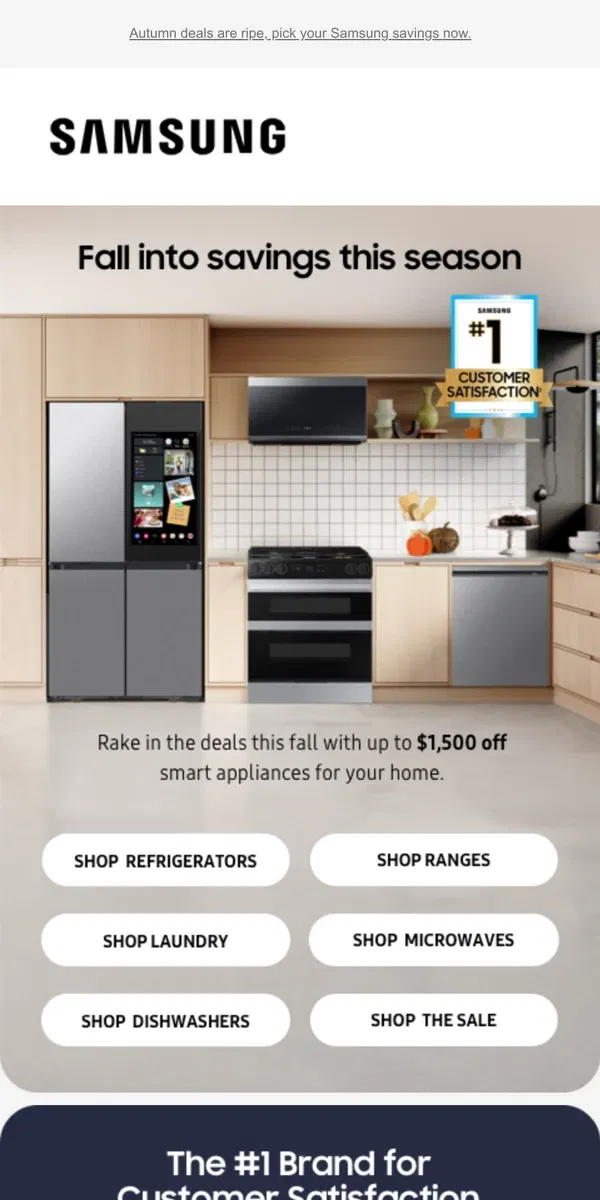 Email from Samsung. [Name], cozy up to $1,500 off home appliances—don't wait