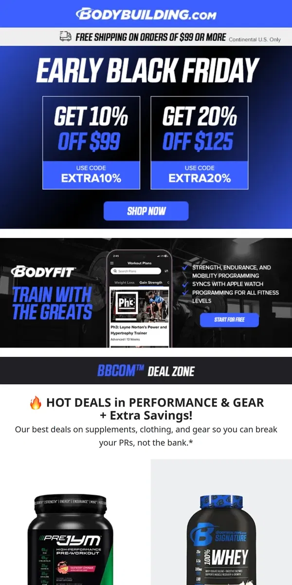 Email from Bodybuilding.com. 🔥 HOT DEALS in PERFORMANCE & GEAR +  NEW Podcast Episode!