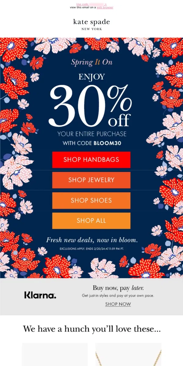 Email from Kate Spade. Here's an extra 30% off bags, shoes & more