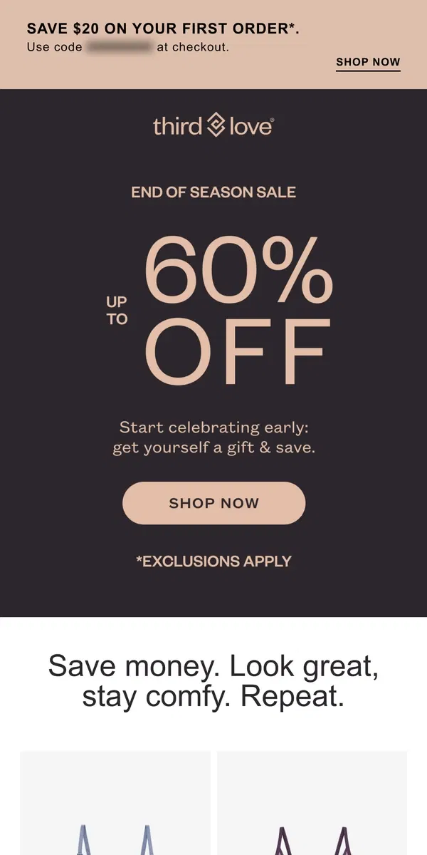 Email from ThirdLove. End of Season Sale: Up to 60% off!