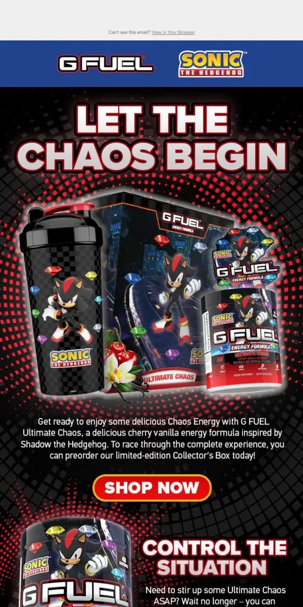 Email from G FUEL. Shadow’s Ultimate Chaos is Open for Preorder!